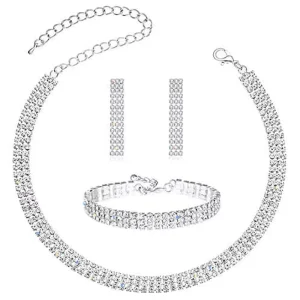 Brides Bridesmaid Prom Costume Accessories Silver Necklace Earrings Bracelet Crystal Bridal Wedding Fashion Jewelry Set