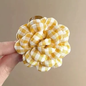 Bright Yellow Checkered Flower Hair Claw Clip Shark Clip Sweet and Elegant Flower Bud Hair Accessory