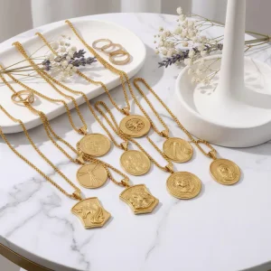 Buddhism Stainless Steel Link Chain Gold Plated Charm Necklace with Shield Pendant Trendy Unisex Fashion Accessory