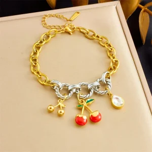 Bulk 18K Gold Plated Stainless Steel Charm Bracelet Multi Style Cherry Strawberry Pearl & Starfish Pendants Bracelet