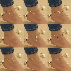 Bulk Anklet Summer Beach Waterproof Jewelry Stainless Steel Double layer Heart shaped Pearl Beaded Chains Anklet