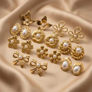 Bulk Assorted Gold Flower Pearl Stud Earrings 18K Gold Plated Stainless Steel Hypoallergenic Women Fashion Earrings Set Resale