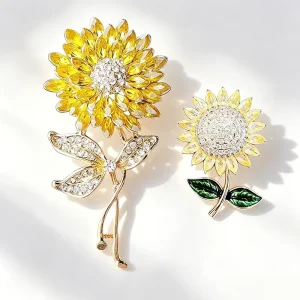 Bulk Custom Alloy Sunflower Inspired Enamel Flower Brooch Set Fashion Rhinestone Pin Clothing Decoration Gift Instock