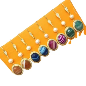 Bulk Fashion 18k Gold Plated Brass Pave with Agate Pearl Dangle Women Jewelry Earrings
