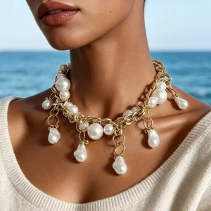 Bulk OEM ODM Chunky Pearl Choker Necklace Women 18K Gold Plated Irregular Baroque Dangle Pearl Statement Necklaces