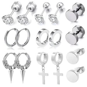 Bulk Unisex Stainless Steel Piercing Jewellery Trendy Zircon Cross Drop Stud Hoop Earrings Set for Men Women