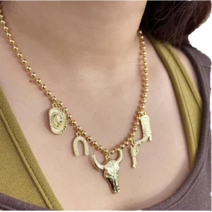 Bull, Ox Head, Horseshoe, Cowboy Boots, Hat, and Revolver Charm Pendant Necklace, 18K Gold-Plated Chain