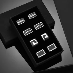 Business Men’s Cufflinks Four Pairs of Black Square Striped Cufflinks Fashion French Shirt Cufflinks Gift for Man