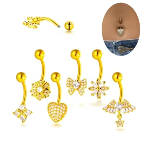 Butterfly Bow Heart Zircon Navel Ring Barbell Style Externally Thread Belly Button Rings Fashion Navels Piercing Jewelry