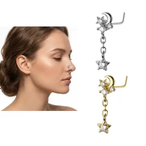 Butterfly Dangle Nose Nostril 20G L Shaped Nose Ring Stainless Steel Piercing Body Jewelry for Women Men