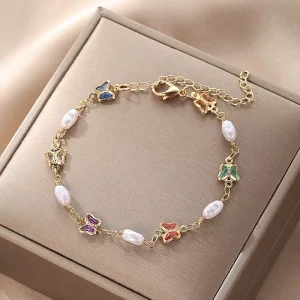 Butterfly Heart Beaded Bronze Chain & Link Bracelet Colorful Charm Classic Hand Jewelry for Girls