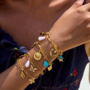 Butterfly Heart Charm Bracelet 18K Gold Plated Stainless Steel Natural Stone Pearl Charm Chain Bracelet for Women Party