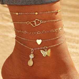Butterfly Heart Hollow Pineapple Pendant 4-piece Ankle Set Gold Plated Multi Layered Tassels for Women’s Ankles