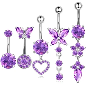 Butterfly Heart Pendant Navel Ring Stainless Steel with Claw set Zirconia Fashion Body Piercing Jewelry for Women