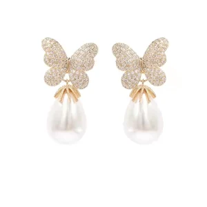 Butterfly Imitation Pearl Alloy Earrings with Rhinestones