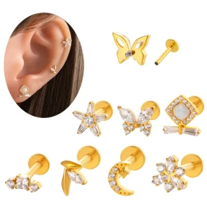 Butterfly Moon Cartilage Earrings Labret Piercing Jewelry G23 Titanium Internally Thread Zircon Tragus Helix Lobe Earring