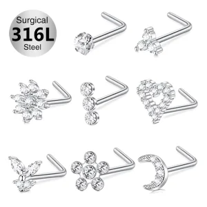 Butterfly New Design Flower Heart 316L Stainless Steel Gold Stud Septum Nose Rings for Women Pierced Nose Piercing Set