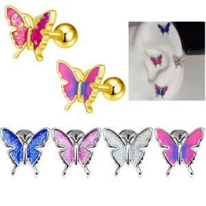 Butterfly Oil-drop Threaded Screw Stainless Steel Body Piercing Jewelry Stud Earrings Ear Cartilage Studs