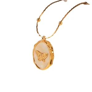 Butterfly Shell Necklace Vintage 24K Gold Plating Color Retaining Brass Women Necklace