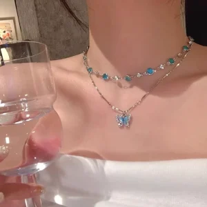 Butterfly Sparkling Zircon Collarbone Chain Elegant Double Layer Necklace Fashionable Accessory