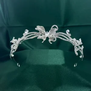 Butterfly Vine Rhinestone Crystal Tiara Silver Alloy Luxury Bridal Wedding Hair Accessory for Gifting