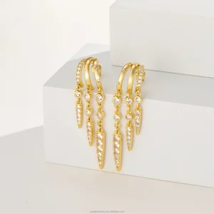 C Shape Hoop and Tassel Drop Earrings Set for Women Gold Plated Brass Alloy Zircon Stud Fashion Jewelry