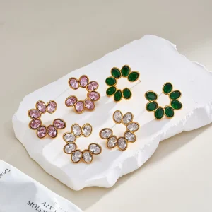 C Shape Zircon Stud Earrings Stainless Steel 18K Gold Plated Waterproof Hypoallergenic Women Jewelry