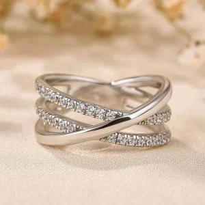 CAOSHI Simple Style Three Layers Line Cross Design Dazzling Cubic Zirconia Rings Wedding Fashion Party Jewelry Rings for Women
