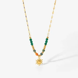 CELES Ins Waterproof 18K Gold Plated Women Stainless Steel Beads Natural Stone Sun Pendant Fashion Jewelry Necklaces