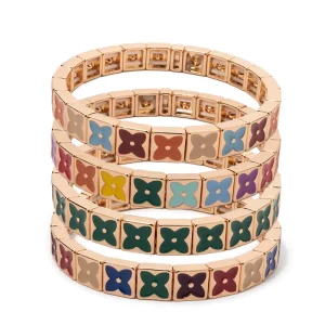 CENDA Color Enamel Square Bead Stretch Bracelet Alloy Beaded Elastic Bangle Casual Creative Handmade Jewelry for Women
