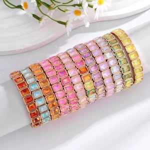 CENDA Handmade Bohemian Colorful Crystal Beads Stacked Bangles Zinc Alloy Elastic Enamel Bracelet for Women