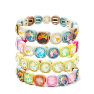 CENDA Handmade Bohemian Colorful Crystal Beads Stacked Bangles Zinc Alloy Elastic Enamel Bracelet for Women Gift
