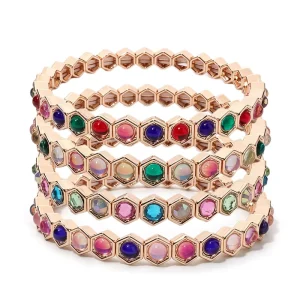 CENDA New Design Zinc Alloy Stacked Bangles Gold Elastic Beaded Bangle Honeycomb Enamel Tile Colorful Jewelry for Women