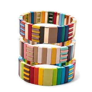 CENDA Stackable Rectangle Tile Bead Elastic Bangle Vibrant Multi Color Enamel Stretch Bracelet for Women Daily Wear Jewelry