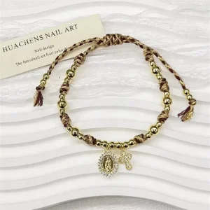 CH LAT0881 Colored Braid Bracelet Red Pink Handmade Rope Adjustable Bracelet Gold Plated Copper Mini Religion Jewelry