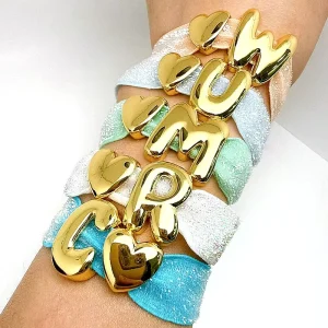 CH LHB1348 Colorful Shimmer Elastic Ribbon Bracelet Gold Plated Letter Heart Charm Rope Initial Women Bracelet