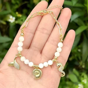 CH LHB1356 Delicate Gold Plated Fish Shell Sea Horse Pendant Bracelet White Beads Fashion Women Paperclip Bracelet