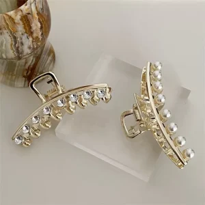 CLARMER New Fashion Women Wholesales Hair Accessories Gold Plated Metal Alloy Pearl Crystal Rhinestone Big Hair Claw