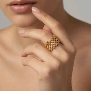 CLIORO Women’s Fashion Rings Trendy Waterproof Hollow Out Mesh with Zircon Stainless Steel Gold Plated Rings