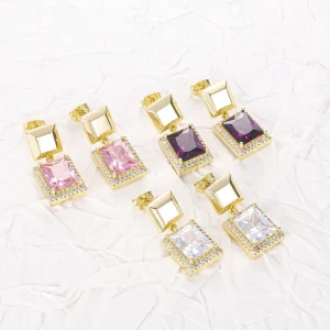 CM14k Gold Jewelry Zircon Women Earring Simple Elegant Square Zircon Full Diamond Versatile High Fashion Stud Earring