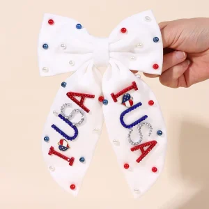 CN Larger Fashion Fabric Bow Knot Hair Bow Clip with Rhinestone USA Hair Clip Red and Royal Bead 4th of July Women Hair Clip