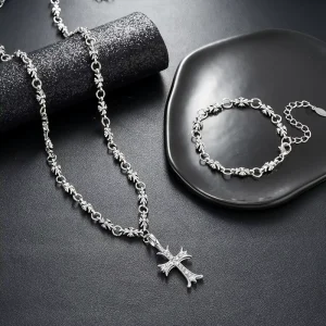 COOL Men Stainless Steel Silver Plated Cross Pendant Necklace and Bracelet Zircon Non Tarnish Waterproof Fashion Jewelry Sets
