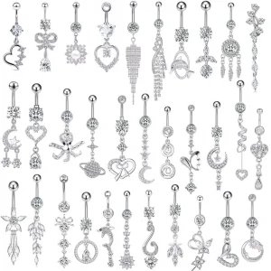 CRYSPURE 14g Stainless Steel Navel Rings Ladies CZ Dangle Saturn Snowflake Tassel Belly Piercing Body Jewelry OEM