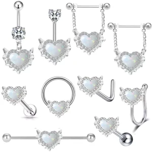 CRYSPURE Fashion Trendy Stainless Steel Opal Heart Belly Chain Rings Silver Plated Wedding Engagement Navel Piercing Jewelry