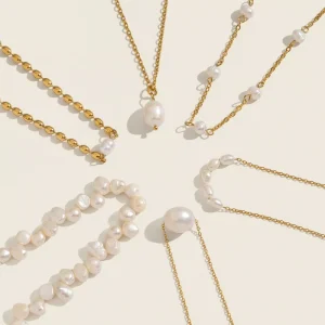 CYNYA Light Luxury Freshwater Pearl Beaded Necklace O-Shaped Link White 18K Gold Plated Stainless Steel European American Style