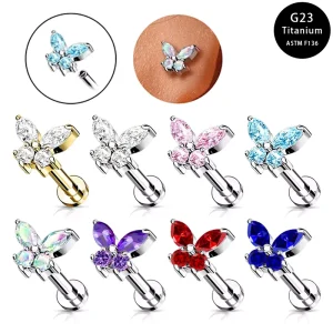 CZ G23 Titanium Alloy Women’s Wedding Ear Stud Lip Ring Internal Thread Butterfly Copper Zircon Earrings Body Jewelry Nose
