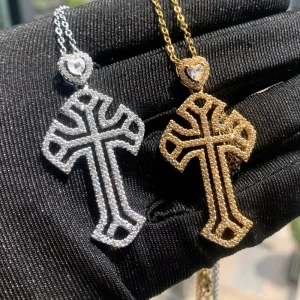 CZ Heart Cross Pendant Necklace Hollow Design for Boutique Jewelry Buyers