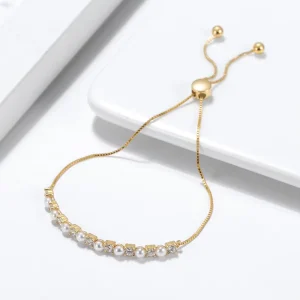 CZ Jewelry Adjustable Bracelets Sterling Silver 14k Gold Plated Pearl Tennis Bracelet for Women
