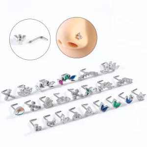 CZ Zircon Stainless Steel Nose Ring Gold Plated L Rod Water Drop Leaf Body Jewelry Fashion Party Wedding Piercing for Women