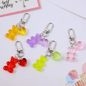 Candy Color Bear Keychain Pendant Cute Resin Bear Charm Kawaii Heart Bear Keychain Jewelry